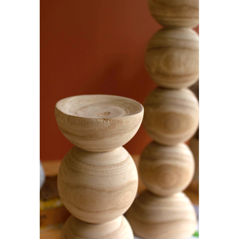 Classic Hand Carved Wooden Stacked Ball Candlestick Set
