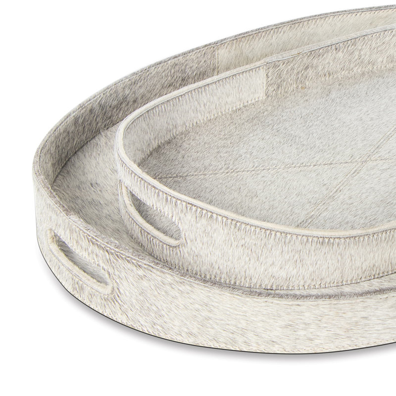 Andres Pale Gray Oval Leather Serving Tray Set