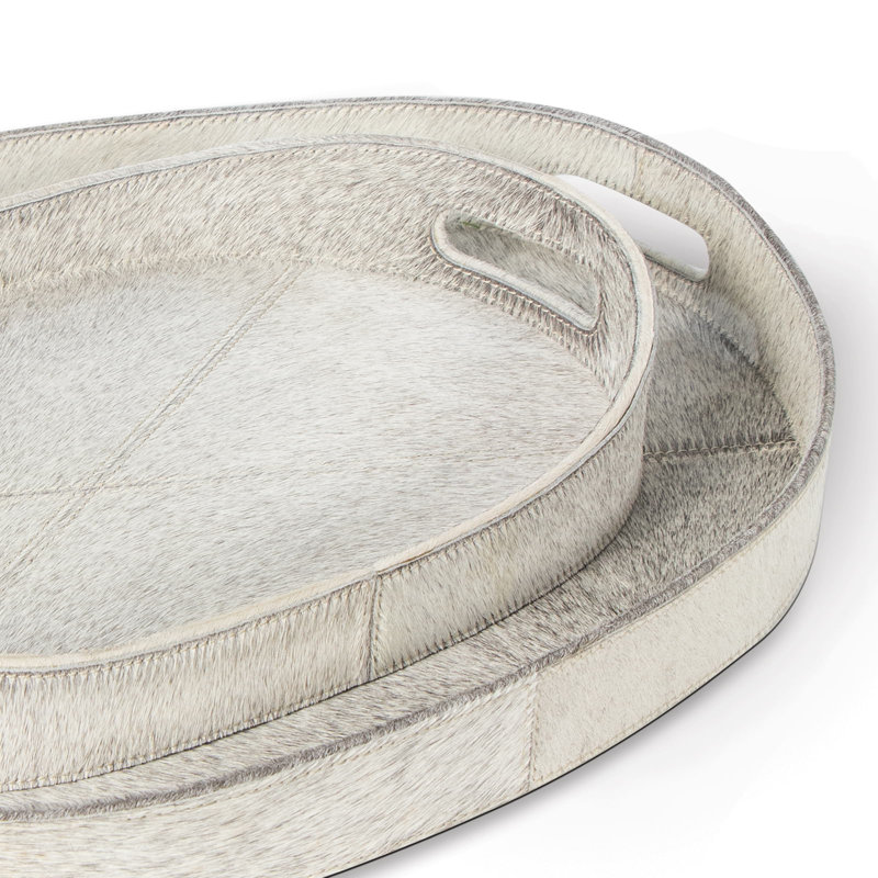 Andres Pale Gray Oval Leather Serving Tray Set
