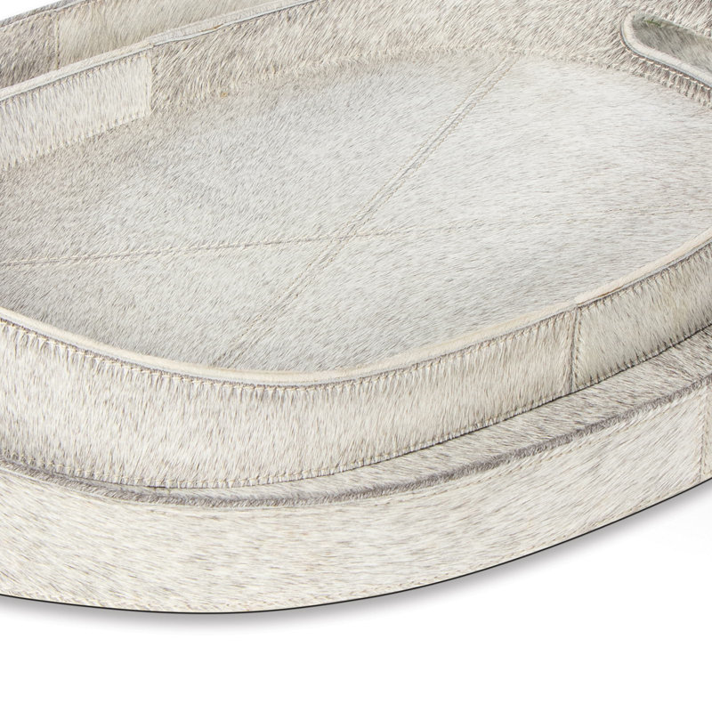 Andres Pale Gray Oval Leather Serving Tray Set