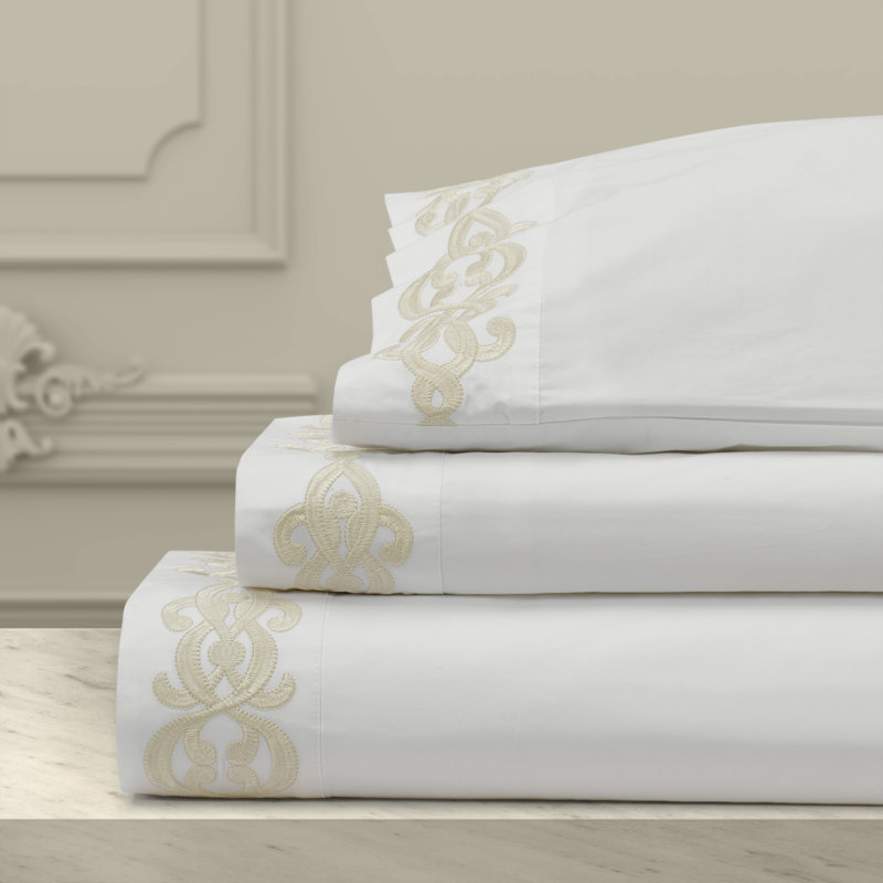 Ivory Floral Embroidered Cotton California King Sheet Set