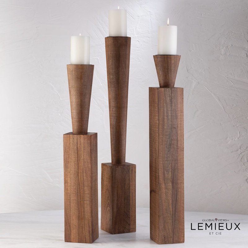 Large Natural Wood Floor Pillar Candle Holder