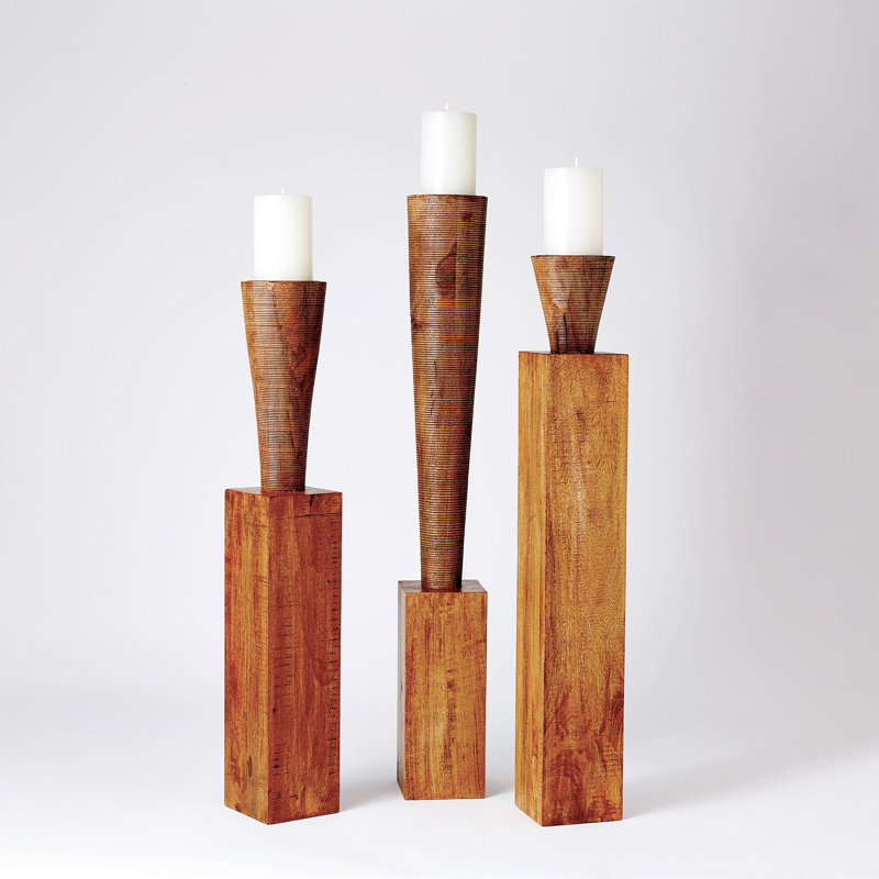 Large Natural Wood Floor Pillar Candle Holder