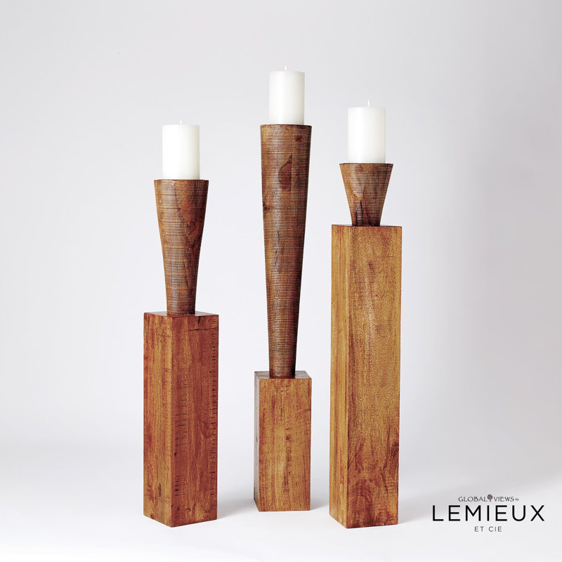 Large Natural Wood Floor Pillar Candle Holder