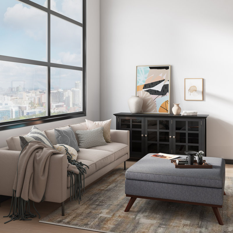 Slate Gray Linen Mid-Century Modern Storage Ottoman