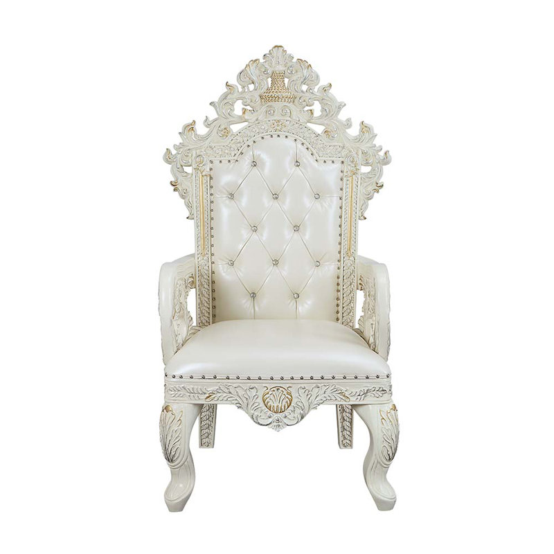 High-Back Tufted White Faux Leather & Wood Armchair Set