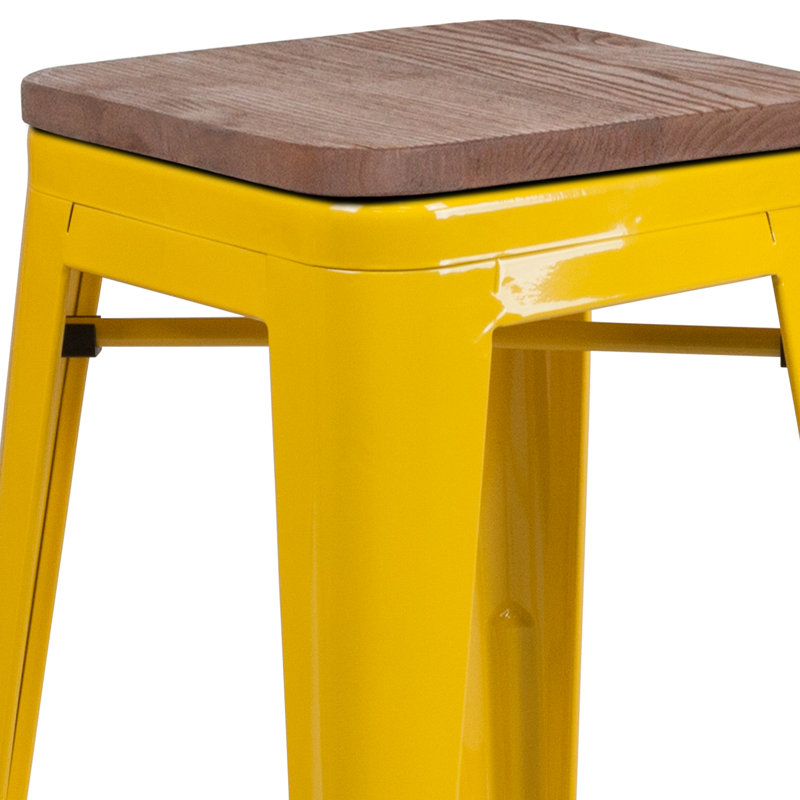 24" Red Metal & Brown Wood Backless Counter Stool