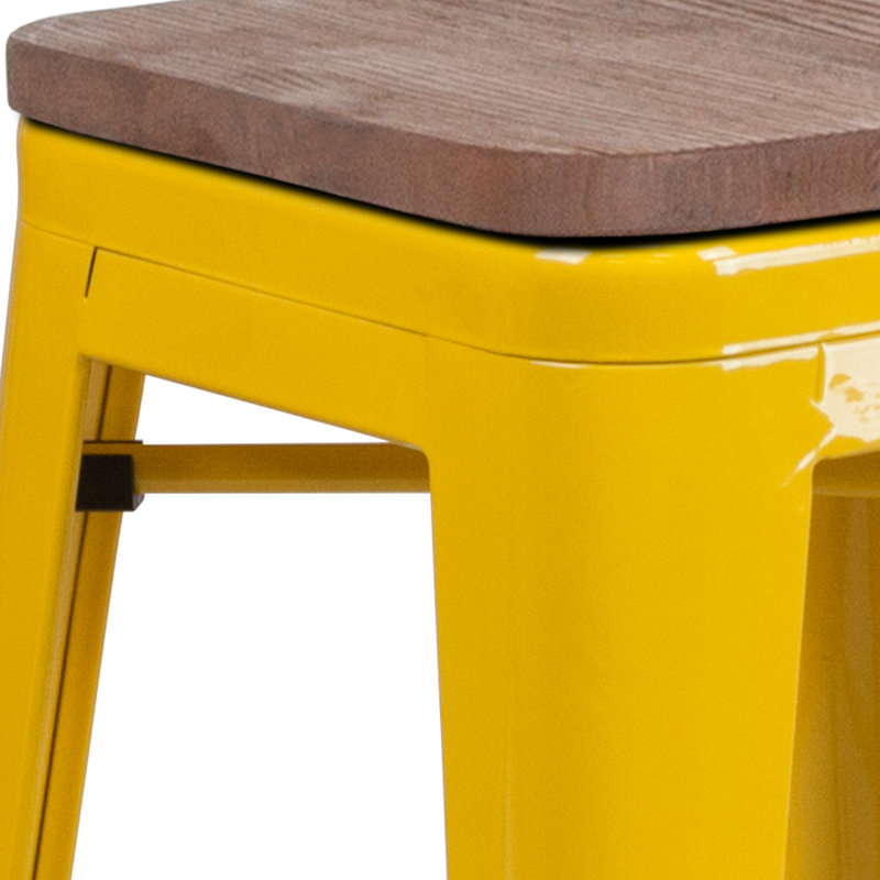 24" Red Metal & Brown Wood Backless Counter Stool