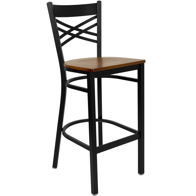 Hercules Chic X-Back 29" Black Metal Barstool with Cherry Wood Seat