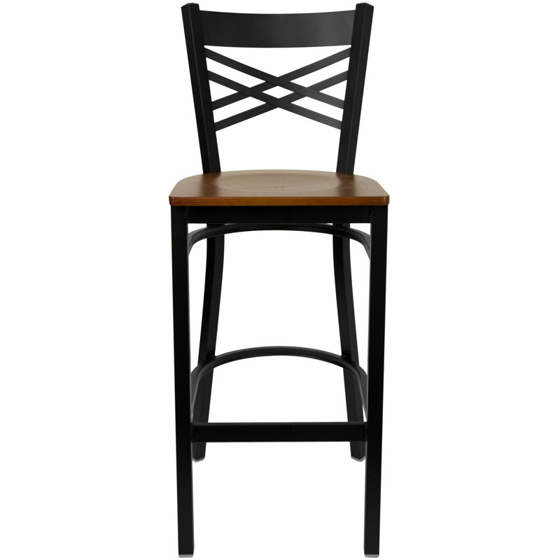 Hercules Chic X-Back 29" Black Metal Barstool with Cherry Wood Seat