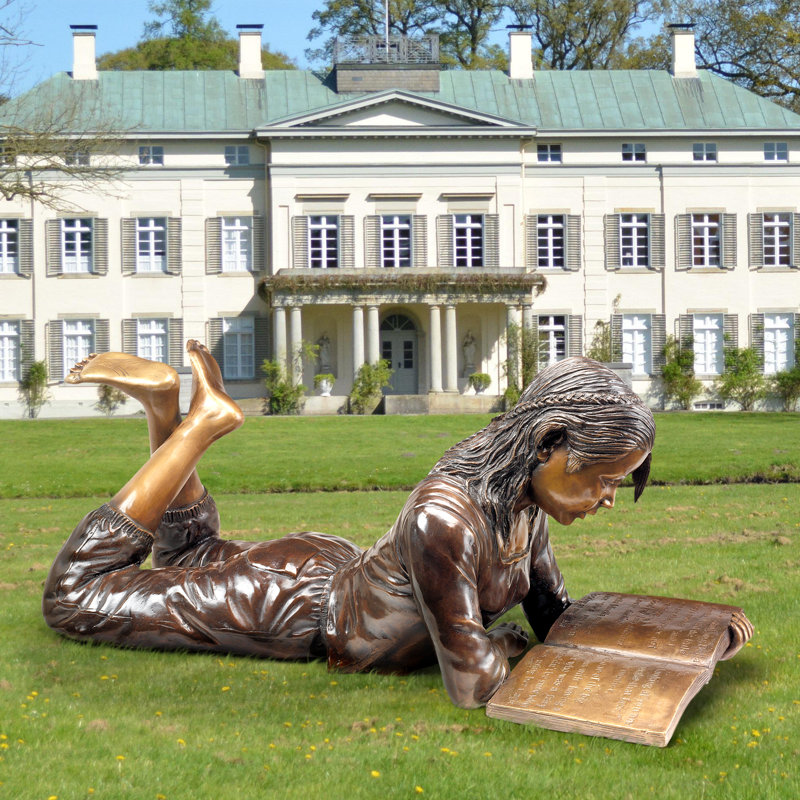 Bronze Young Scholar Reading Girl Garden Statue