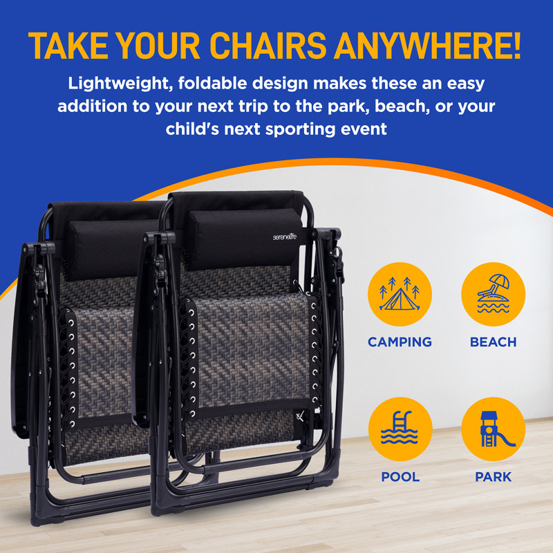 SereneLife Sleek Black Rattan Zero Gravity Outdoor Recliner Set