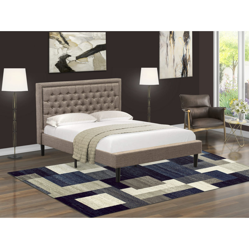 Queen Dark Khaki Tufted Linen Upholstered Bed with Wood Slats