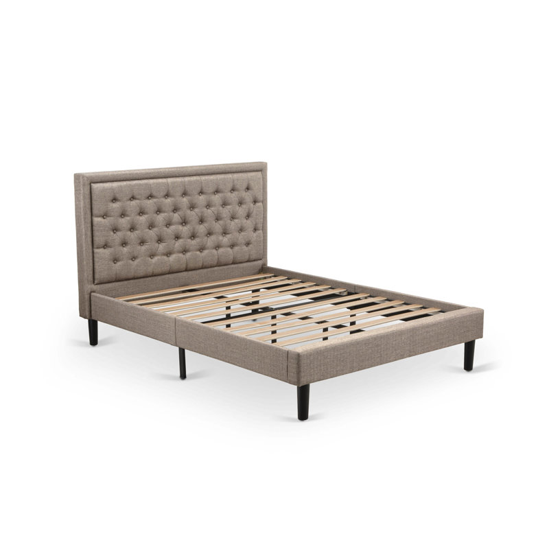 Queen Dark Khaki Tufted Linen Upholstered Bed with Wood Slats