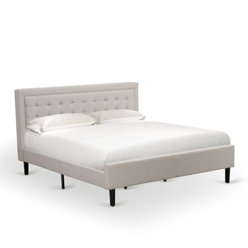 Mist Beige Linen and Engineered Wood King Bed with Tufted Headboard
