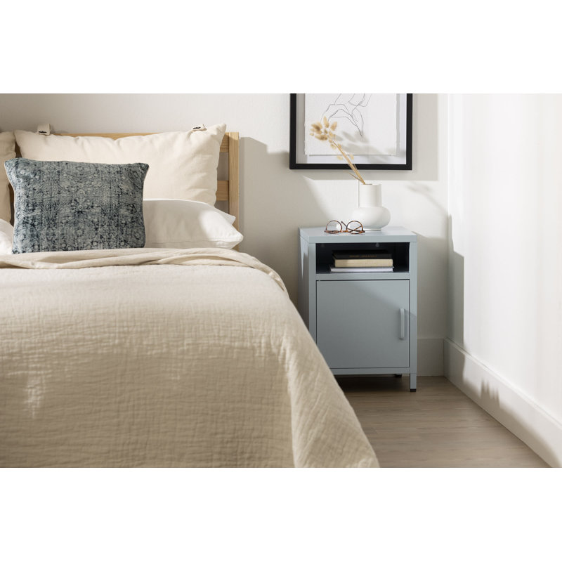 Light Blue Metal 1-Door Nightstand with Open Shelf