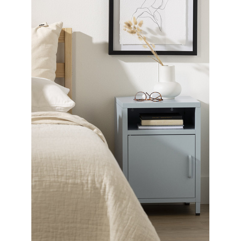 Light Blue Metal 1-Door Nightstand with Open Shelf
