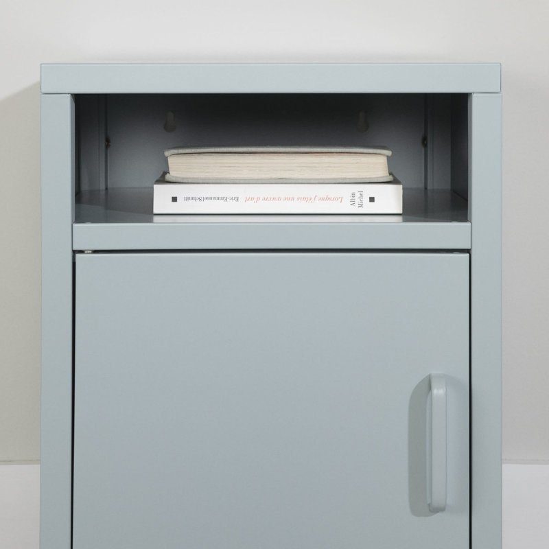 Light Blue Metal 1-Door Nightstand with Open Shelf