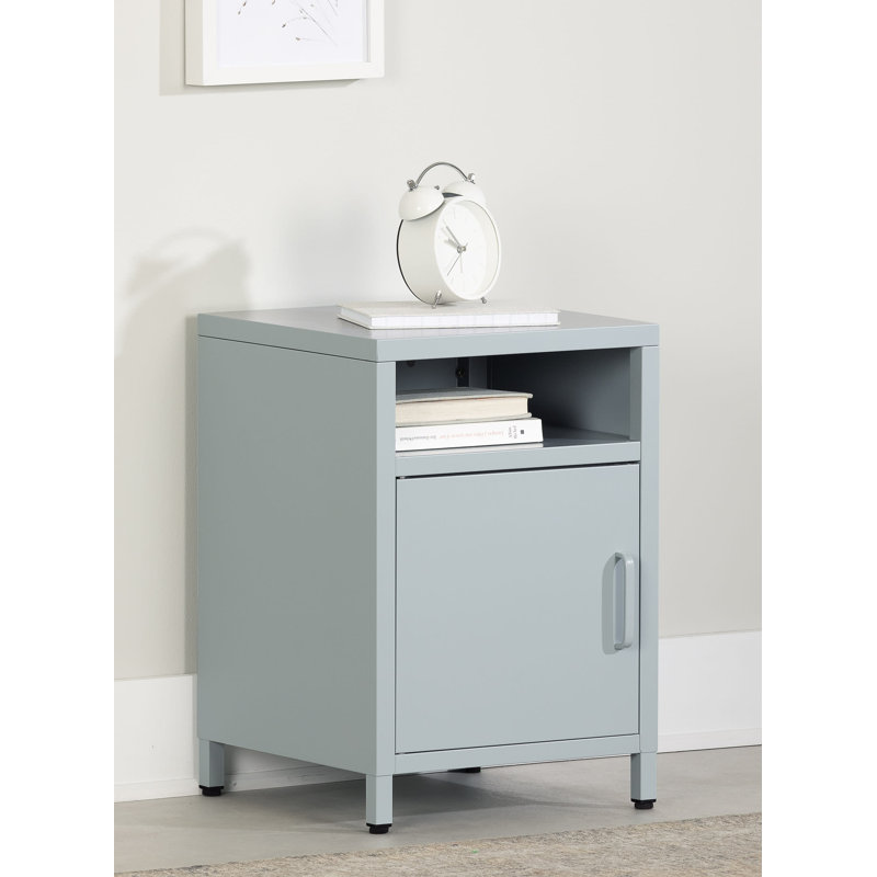 Light Blue Metal 1-Door Nightstand with Open Shelf