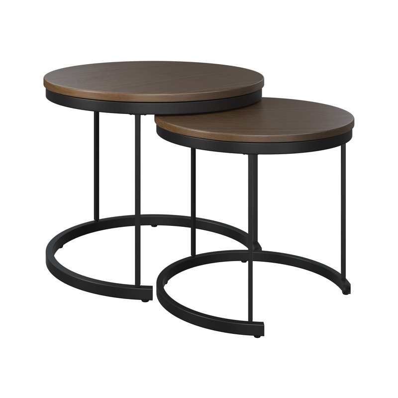 Modern Round Nesting Coffee Table Set in Sleek Brown Wood & Metal