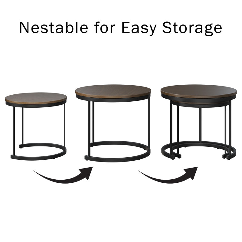 Modern Round Nesting Coffee Table Set in Sleek Brown Wood & Metal