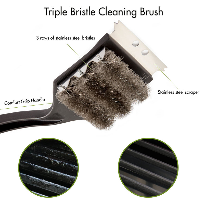 Triple Bristle Stainless Steel Grill Cleaning Brush with Plastic Handle