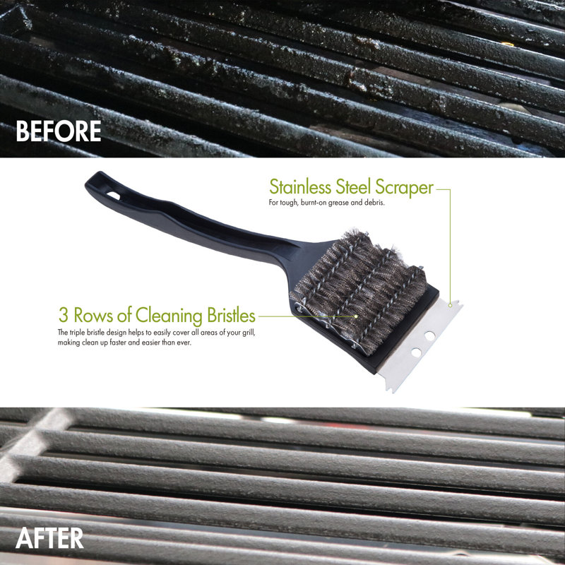 Triple Bristle Stainless Steel Grill Cleaning Brush with Plastic Handle