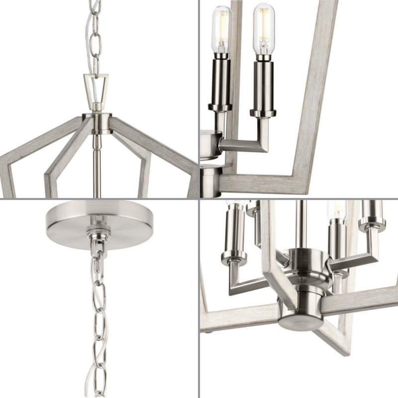 Brushed Nickel 4-Light Candelabra Chandelier with Oak Finish
