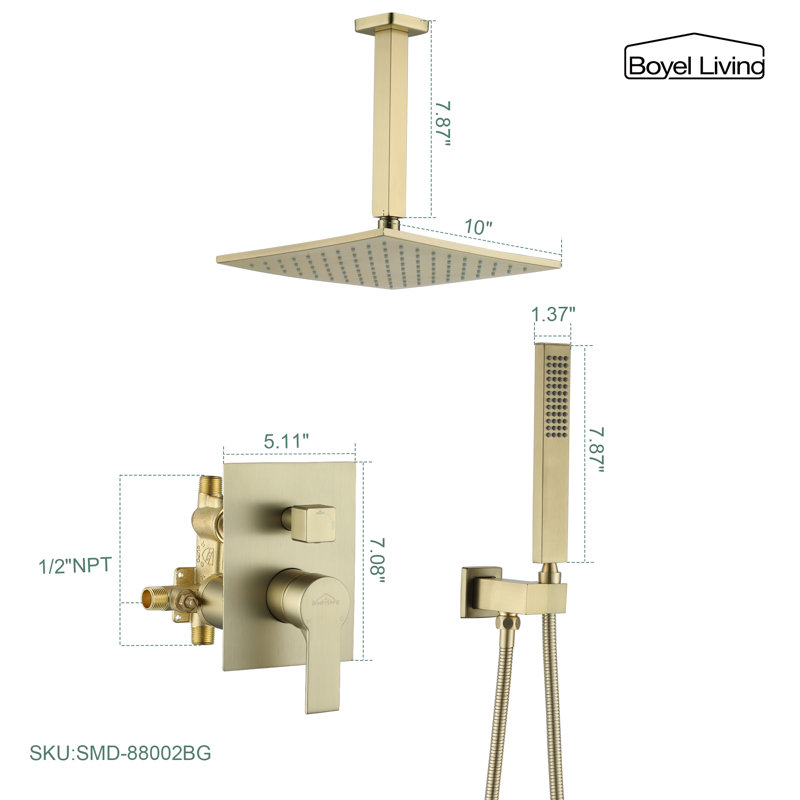 Brushed Gold 10'' Square Wall Mounted Rain Shower System