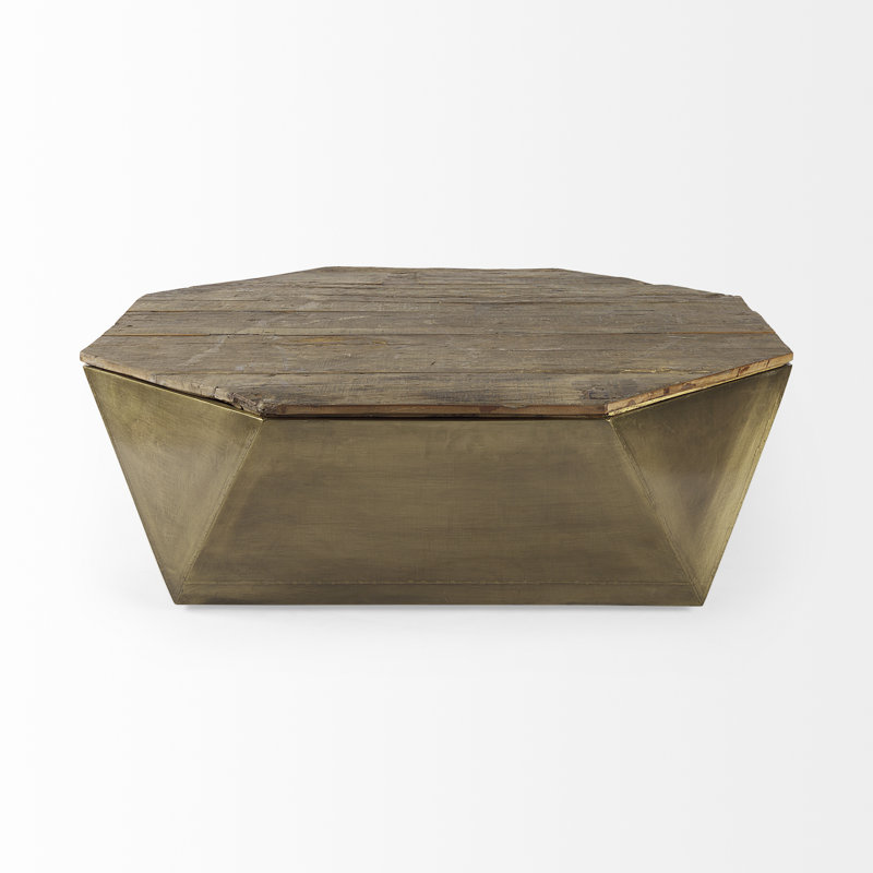 Esagono Rustic Hexagonal Wood & Brass Lift-Top Coffee Table with Storage
