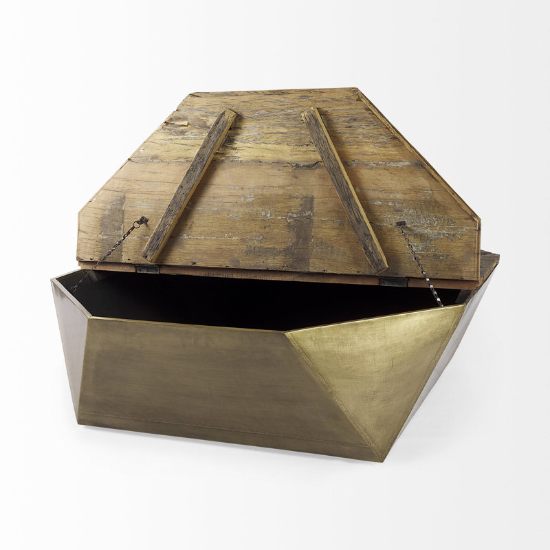 Esagono Rustic Hexagonal Wood & Brass Lift-Top Coffee Table with Storage