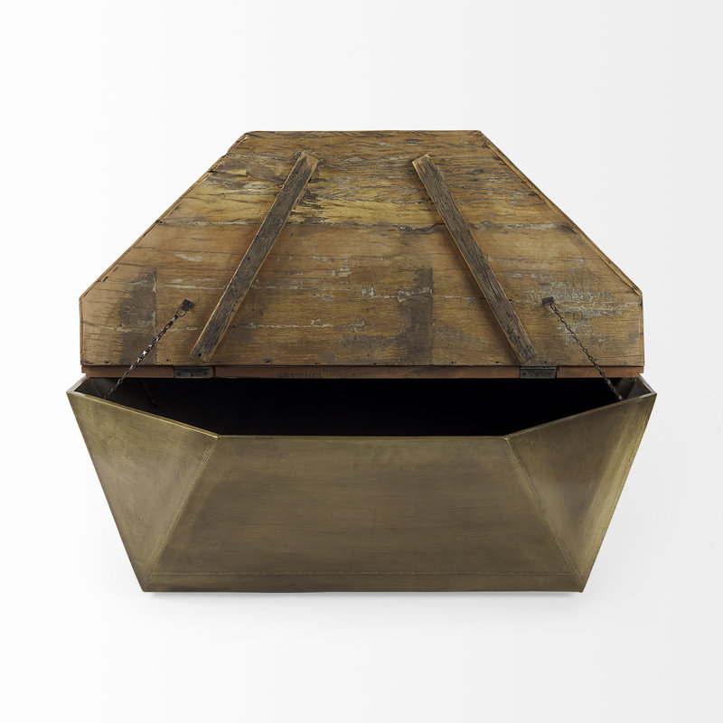 Esagono Rustic Hexagonal Wood & Brass Lift-Top Coffee Table with Storage