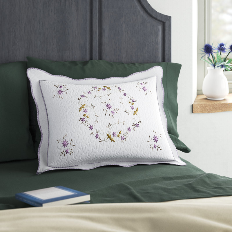 Lavender Floral Embroidered Cotton Standard Pillow Sham