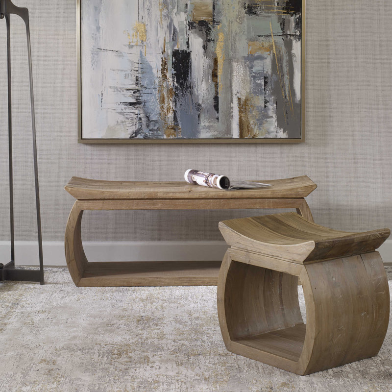 Transitional Reclaimed Elm Wood Accent Stool with Storage Shelf