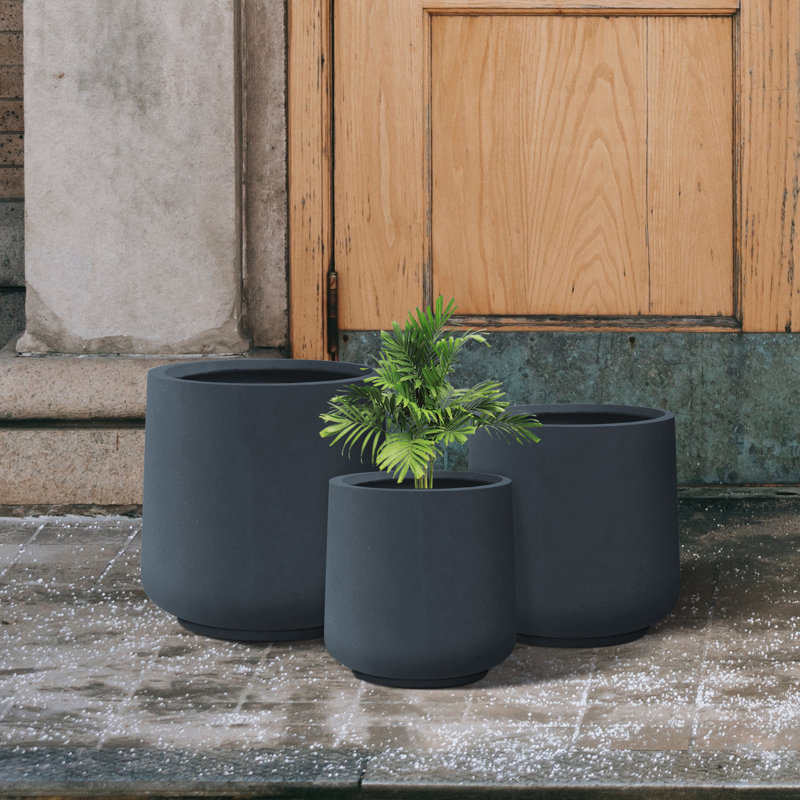 Kante Charcoal Concrete Round Planters with Drainage Holes Set