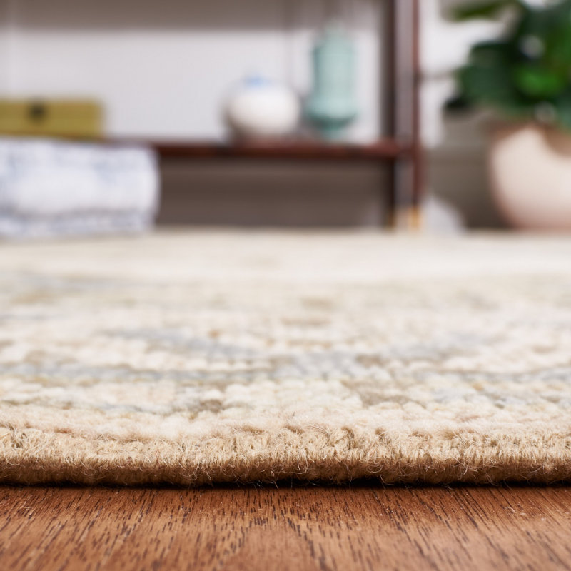 Hand-Knotted Beige and Blue Wool Rectangular Rug, 6' x 9'
