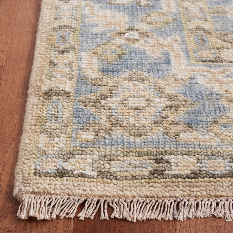 Hand-Knotted Beige and Blue Wool Rectangular Rug, 6' x 9'