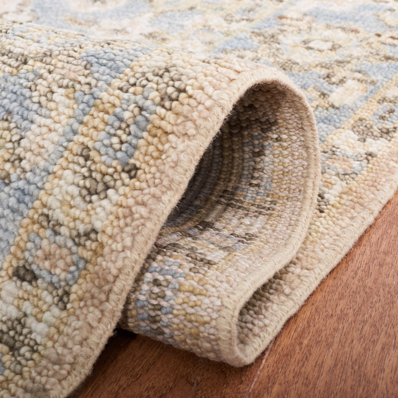 Hand-Knotted Beige and Blue Wool Rectangular Rug, 6' x 9'