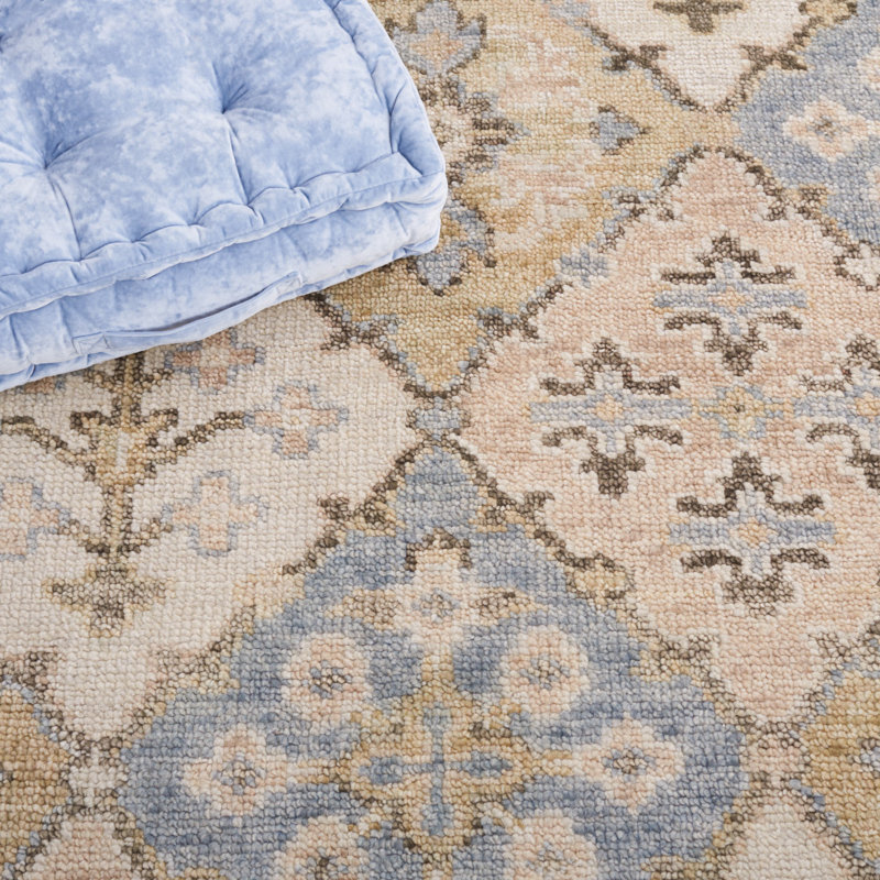 Hand-Knotted Beige and Blue Wool Rectangular Rug, 6' x 9'