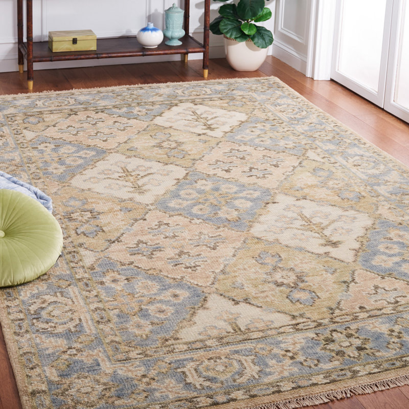 Hand-Knotted Beige and Blue Wool Rectangular Rug, 6' x 9'