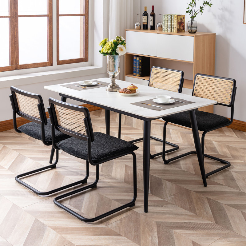 Black Boucle Upholstered Side Chair with Rattan Cane Back