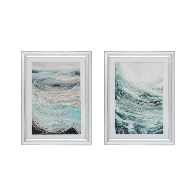 Aurora Crystal Mirror Framed Wall Art - Set Of 2 - 23.5" X 31.5" - Blue/White/Beige (Set of 2)