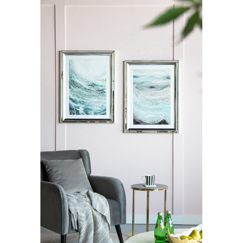 Aurora Crystal Mirror Framed Wall Art - Set Of 2 - 23.5" X 31.5" - Blue/White/Beige (Set of 2)