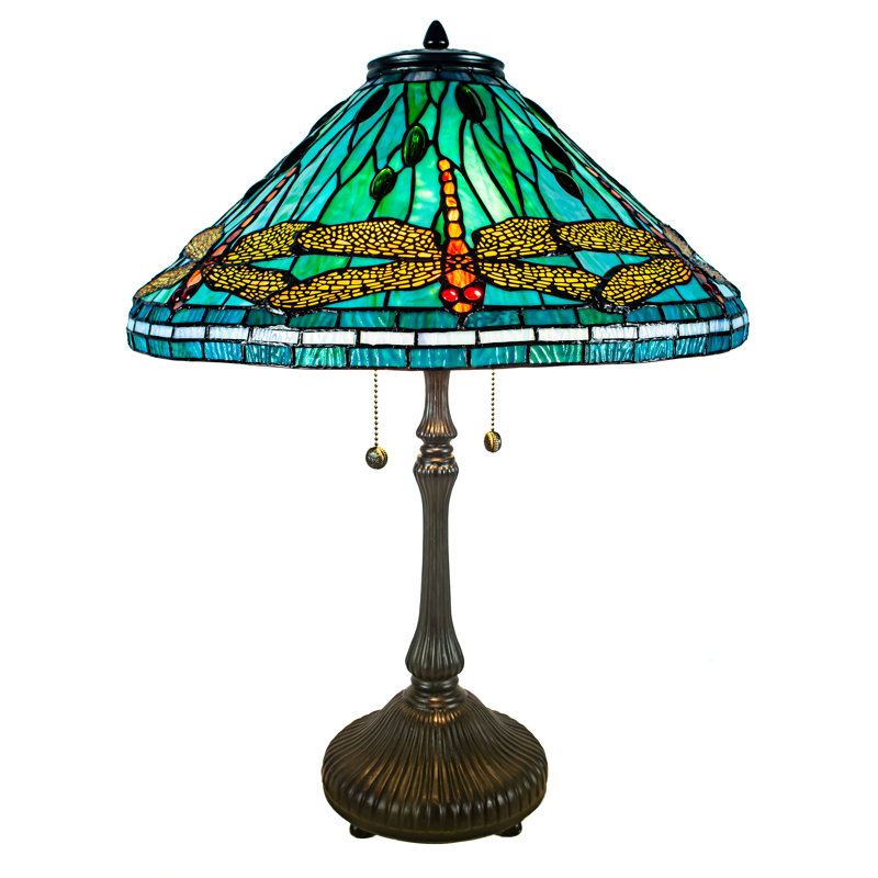 Sonata Dragonfly 26.5" Antique Bronze Table Lamp with Azure Blue Stained Glass