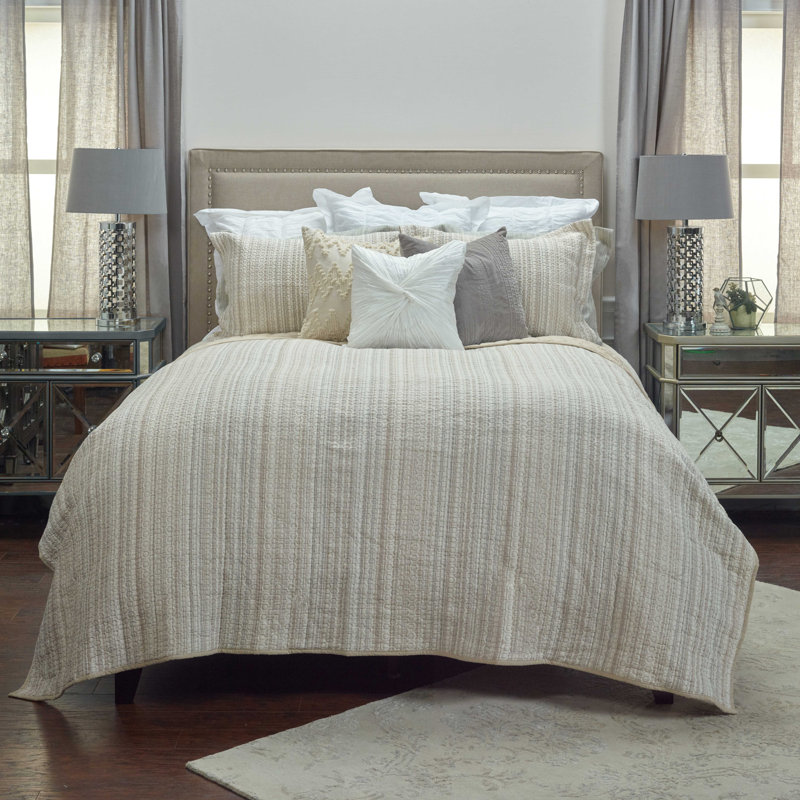 Hand-Quilted Embroidered Cotton King Sham in Neutral Hues