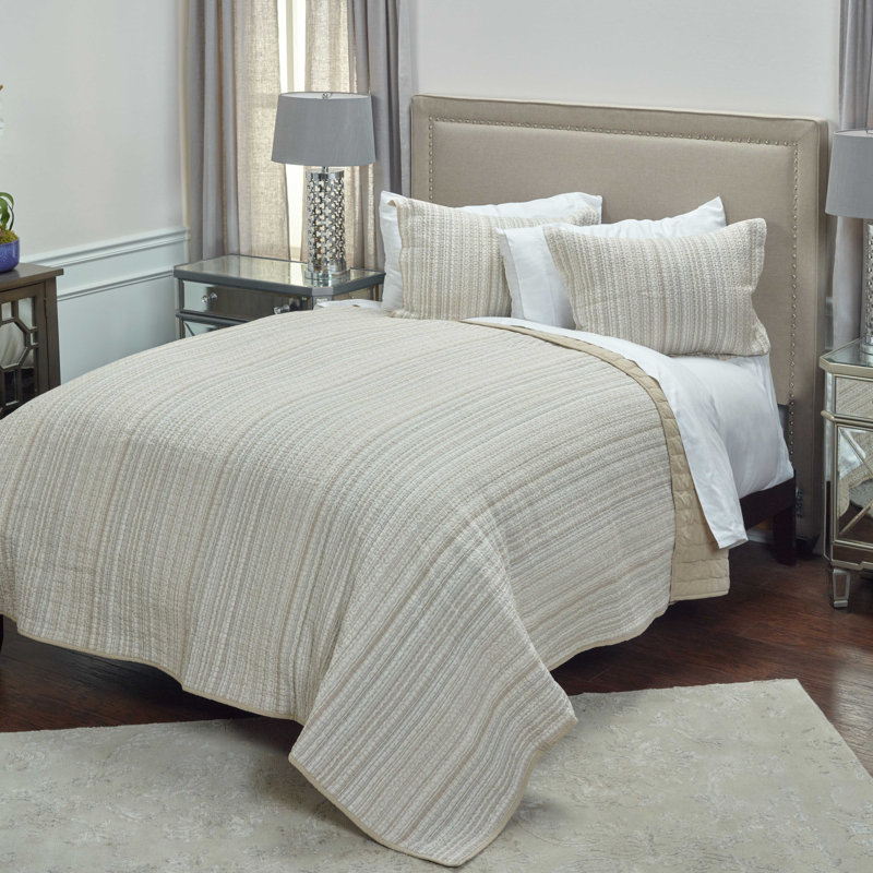 Hand-Quilted Embroidered Cotton King Sham in Neutral Hues