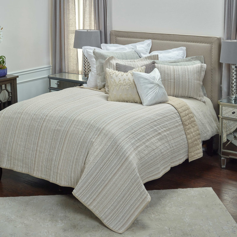 Hand-Quilted Embroidered Cotton King Sham in Neutral Hues