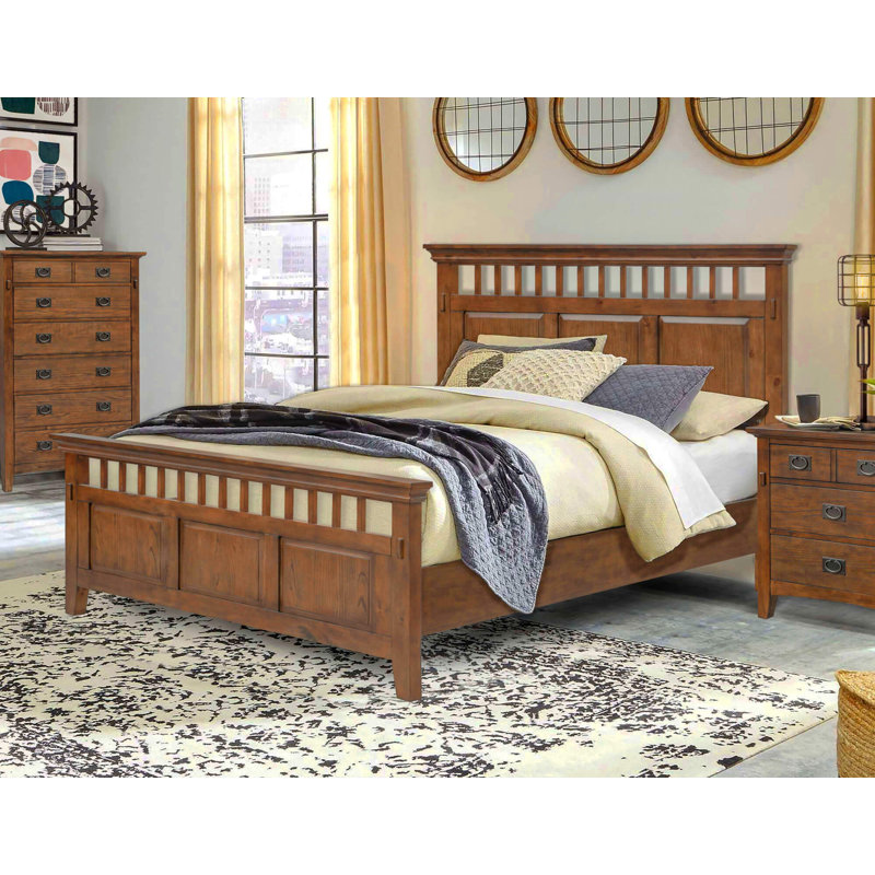 Amish Inspired Mission Style Queen Bed with Panel Headboard in Brown Pine