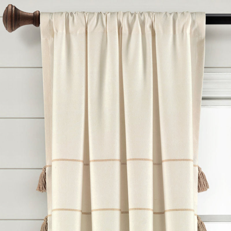 Ivory and Wheat Cotton Boho Tassel Window Curtain Panels, 42"W x 95"L