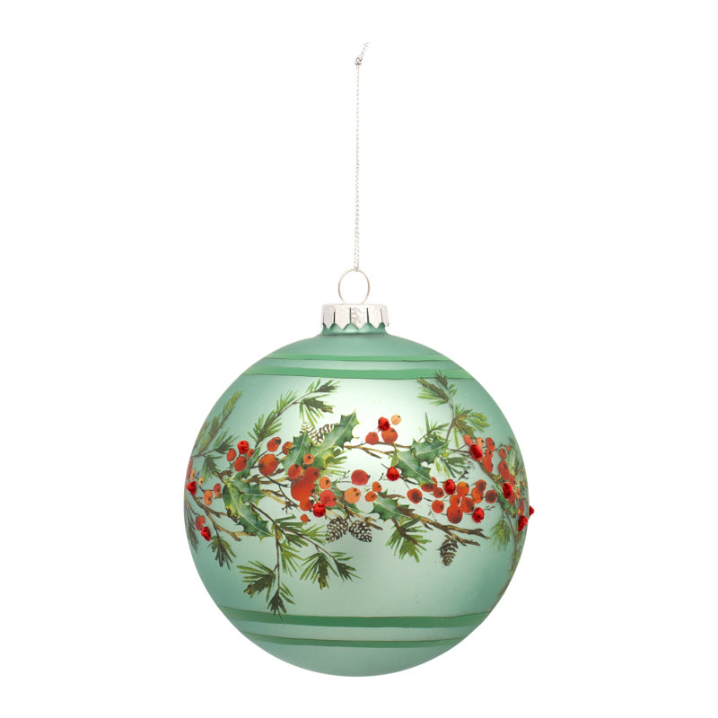 Set of 6 Green Glass Pine and Berry Ball Ornaments